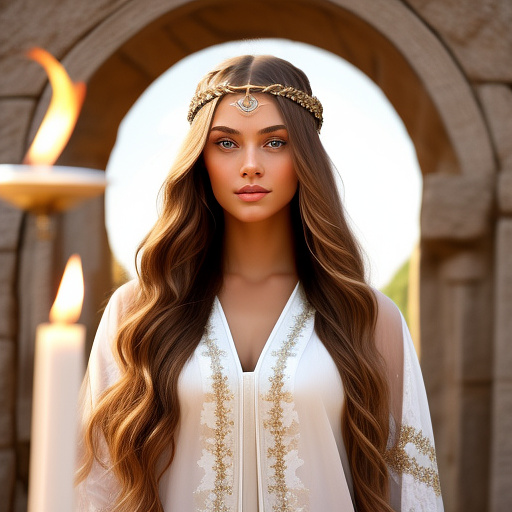 The most beautiful highest priestess long light brown hair, big light green eyes lighting the olympic flame using a concave mirror in ancient olympia, ancient greece in custom style