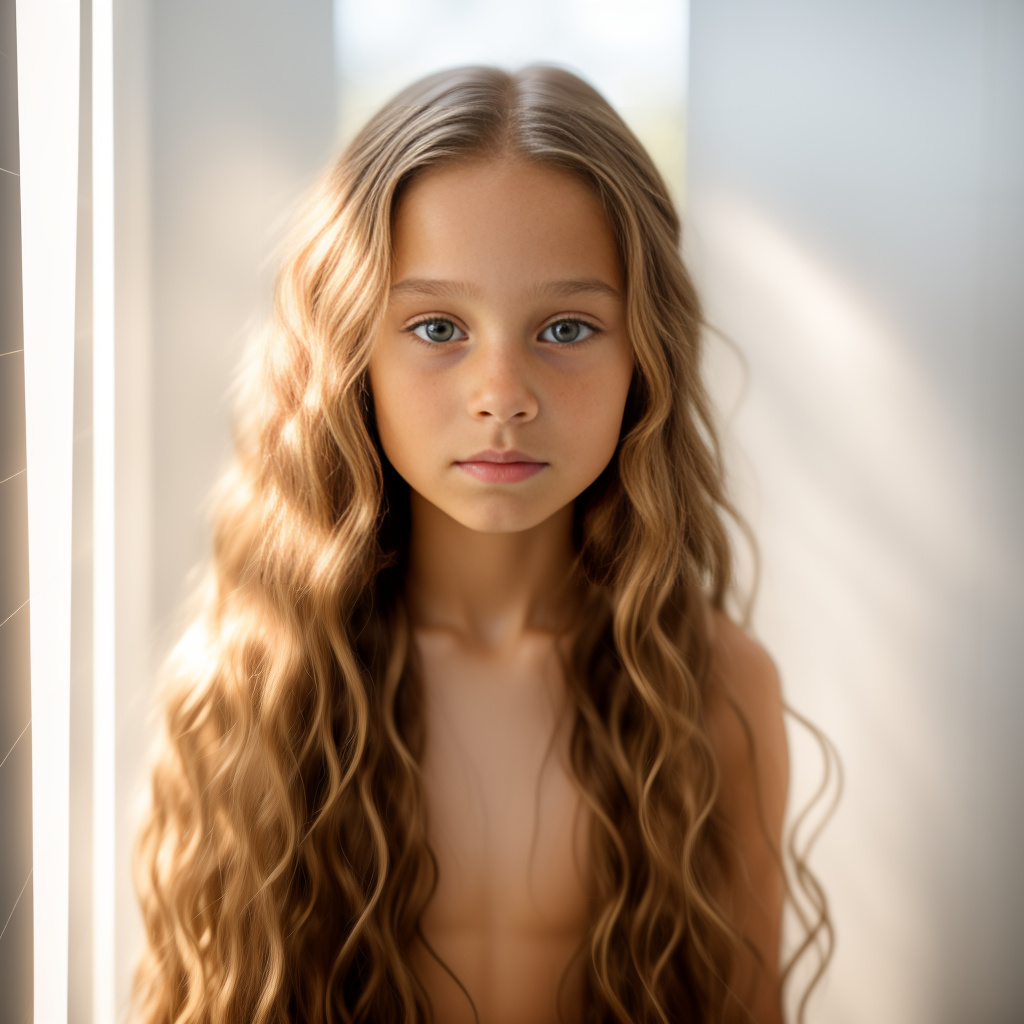 A thin 7-year-old girl is standing up in the shower. the girl is looking over her shoulder at the camera. the scene captures a peaceful. the girl has long hair flowing to the side. the bathtub is white with a clean and minimalistic design. natural light brightens the setting.
she is completely naked in realistic style