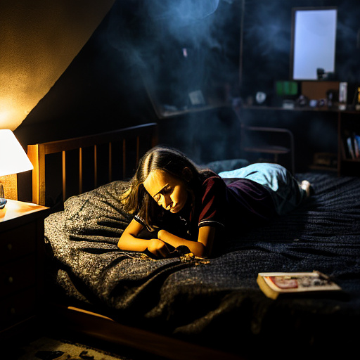 The room is dark, smoky and a mess, the bed is broken. there is an ashtray with an outstanding cigarette on the table. a 13-year-old girl is lying on a bed and crying. in custom style