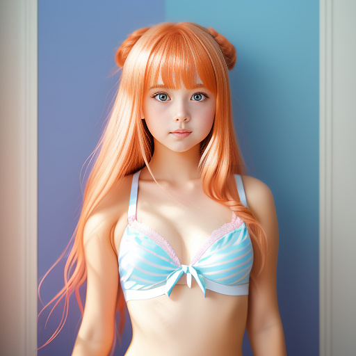 Little girl in camera, whit shorts and swim bra, curbing her body.
orange hair and her hands up fot tie the hair.
pink eyes on round size
 in anime style