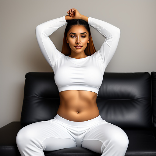 Curvy latina college student with her arms up in a loose long sleeve cropped cotton shirt and long sweatpants pants and showing her belly and full body portrait and sitting on the couch  in custom style
