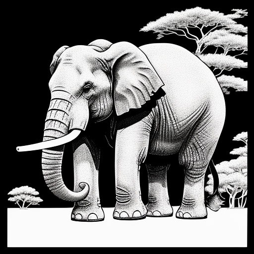 Big elephant in black and white for colouring in. make the elephant just with an outline in anime style