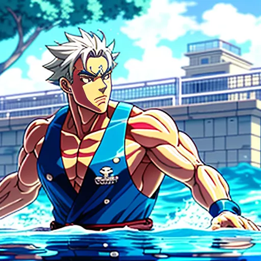 A guy that is old and hes walking in the water like a menace and he is punching the water and it does a huge splash with his hand
left hand
 in anime style