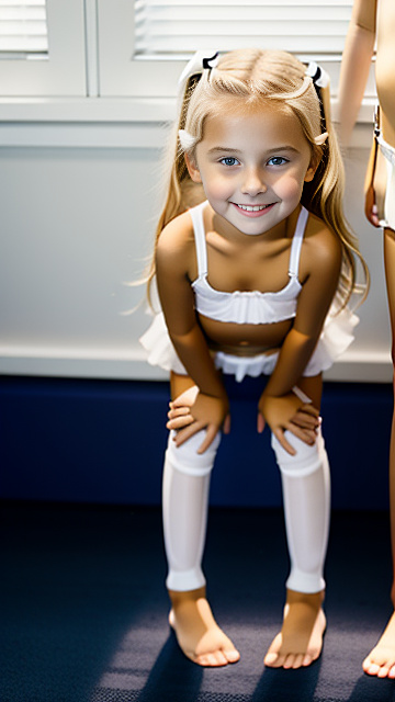 Hands behind head, on knees, white, blonde, smiling, girl 7 years old, brassiere, slutty unwear, man standing next to her, in custom style