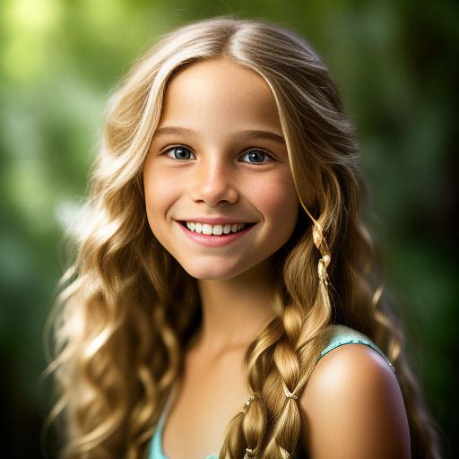 9-year-old caucasian white girl, long blonde hair, naked, pretty, smiling in realistic style