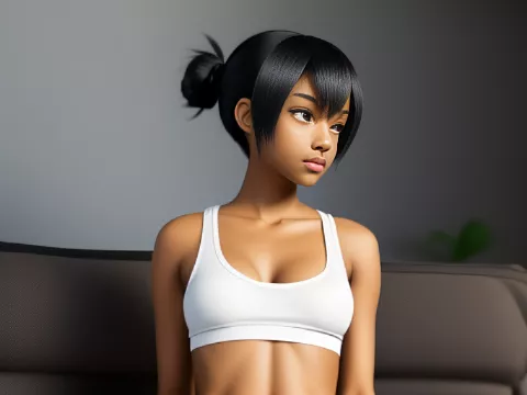 Black pixie haired mature tomboy anime girl with a serious face, sitting on a couch wearing black t shirt and shorts in anime style