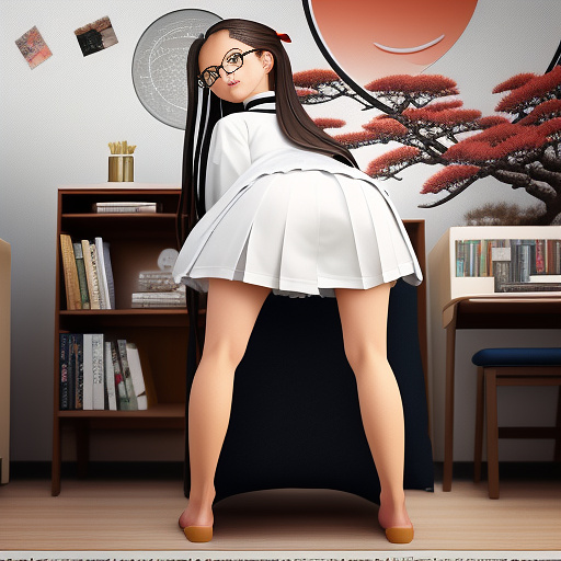Ultra realistically a 22 year old german girl with a black braid with glasses and brown eyes 1.70 tall thin in schoolgirl uniform kneeling on a chair in her room she shows her butt her underwear is open in the crot you can see her vagina and her anus in anime style