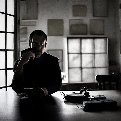 In a dark room, there is a telephone and a gun on the table. a man is sitting on a chair, and he is dead. in custom style