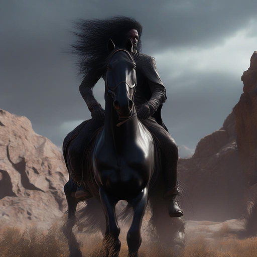 A man with a black horse in darkfantasy style