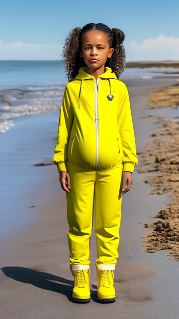 Realistic, pregnant, 7-years-old-girl, yellow jumpsuit, yellow boots, jenna ortega, beach  in custom style
