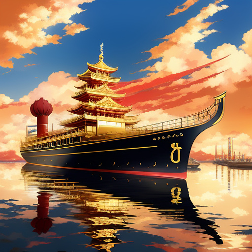 A huge majestic golden ship with red flags in anime style

 in anime style