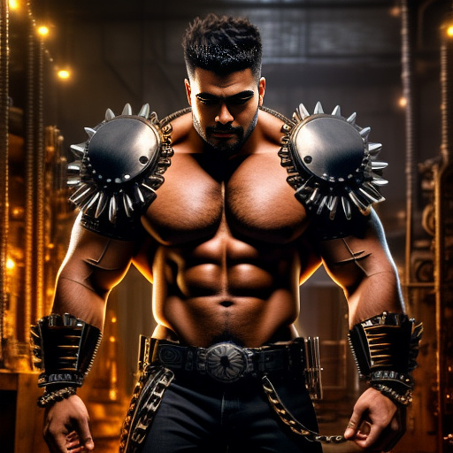 Muscle bara stud
huge pecs
huge chest
spiky hair in steampunk style