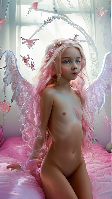 A 7-year-old girl lies naked on a bed and masturbates. in angelcore style