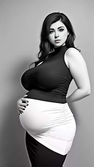 Very wide hips, very big and fat butt, voluptuous, big full covered breast, curvy, modest, fully clothed, long dress, tight fitting clothes, skinny face, sfw, latina, slim body, flat stomach, jewish girl, pregnant. behind profil, holding belly in bw photo style