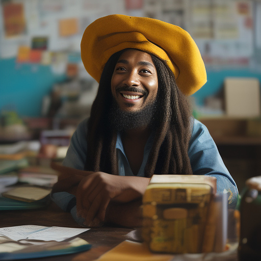 A black rastafarian is sitting on his desk, smiling happily. in custom style