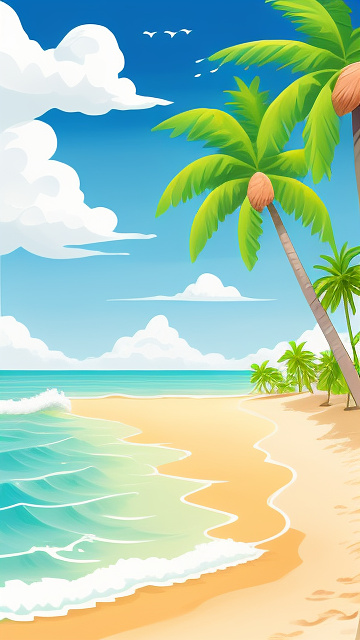 A simple style beach background with two palm trees and organic clouds. with the water close  in disney painted style