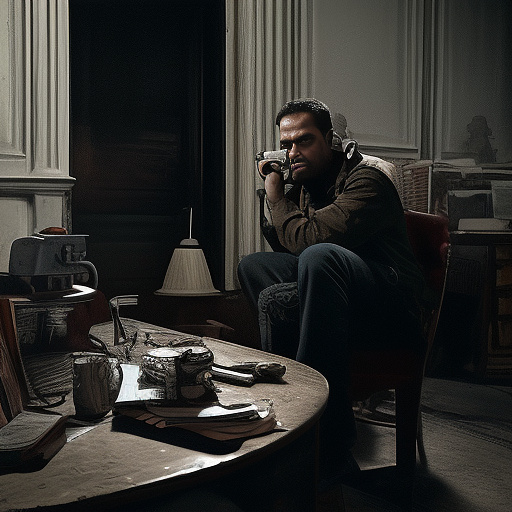 In a dark room, there is a telephone and a gun on the table. a man is sitting on a chair, and he is dead. in custom style