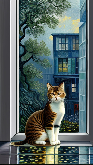 A cute cat sitting in the windowsilve  with a storm outsibe in neo impressionism style