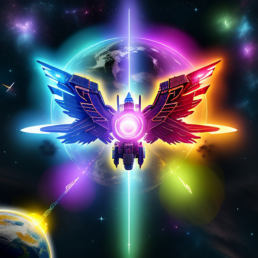 A cheerful transformer flies through space against the backdrop of planets. in angelcore style