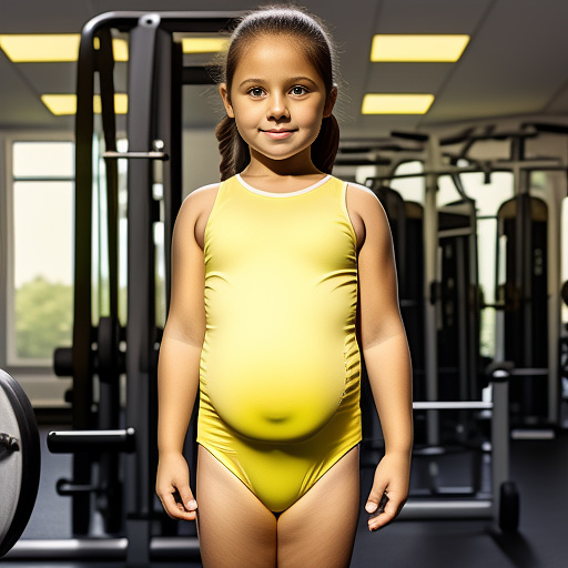 Realistic, pregnant, 7-year-old-girl, yellow leotard, gym  in custom style