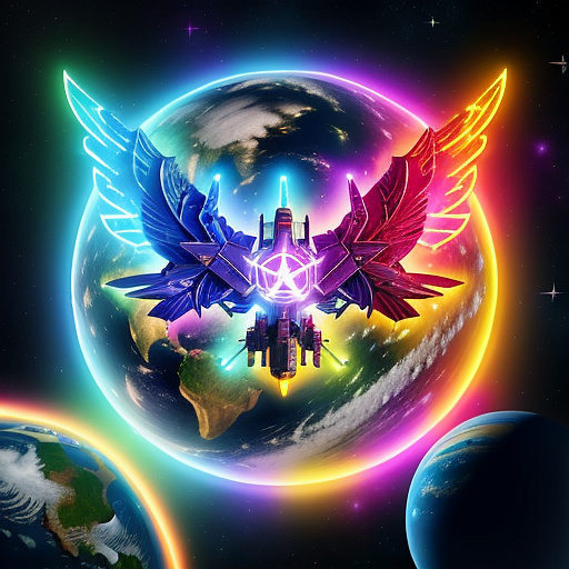 A cheerful transformer flies through space against the backdrop of planets. in angelcore style