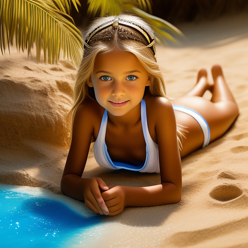 9 year old flat chested  blue eyed
blonde girl in tight white 
bikini laying on her back sand legs spread open  in egypt style