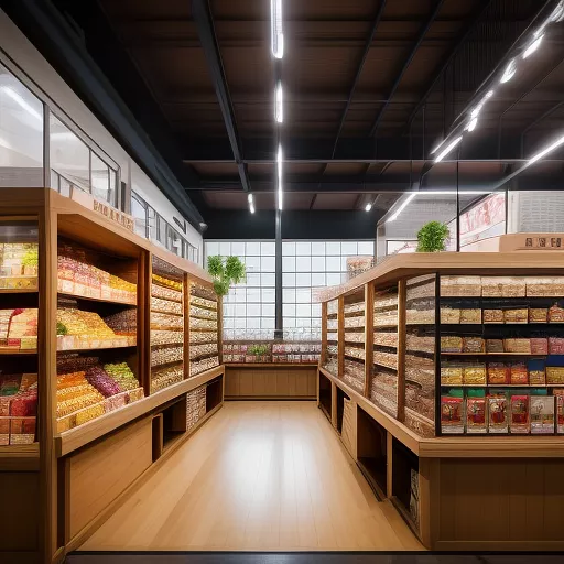 Food retail with wooden interior and round wall dispensers for unpacked cereals in anime style