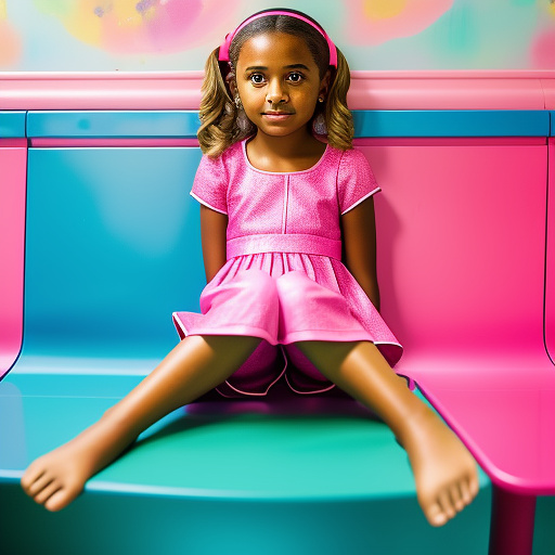 Realistically a 10 year old girl in pink dress sits with sprayed legs in the children's room detailed in custom style