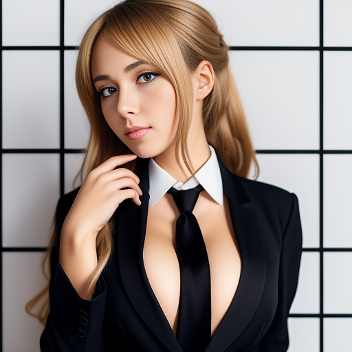 A beautiful blonde womand dressed in a black suit and necktie, bound and gagged with duct tape in anime style