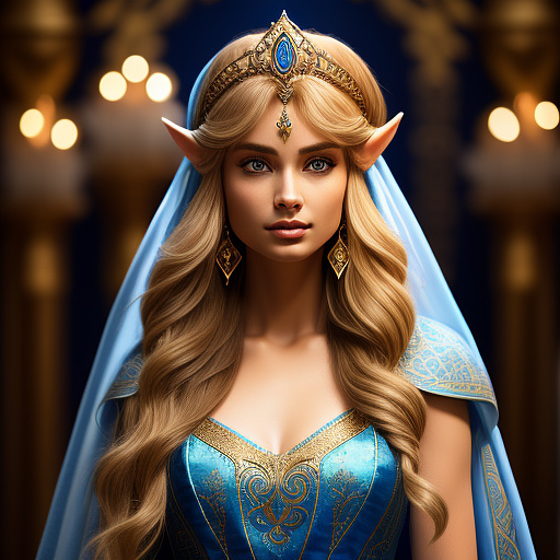 Princess zelda from ocarina of time, a young, graceful figure with long, lustrous golden blonde hair, elegantly styled with delicate bangs. she wears her iconic royal blue and white gown, featuring intricate golden embroidery, the hyrule crest on her bodice, and flowing white sleeves. a regal white cape billows gently behind her. her piercing, intelligent blue eyes hold a serene yet determined expression. adorning her head is a golden tiara, complemented by matching golden earrings. she stands regally in a lavish hall within hyrule castle. highly detailed eyes, highly detailed hair, highly detailed skin texture, highly detailed face. ultrarealistic, 8k, hdr, cinematic, photorealistic, highly detailed background, highly detailed environment. in custom style