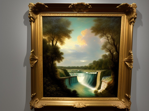 Luminist landscape painting of pegasus (tristar pictures) in a distant view of niagara falls (horseshoe falls, ontario) at the night time, academic art by jan matejko, wincenty trojanowski, ken kelly, luis royo, esao andrews, stylized, --ar 4:5 8k --v 6 in rococo style