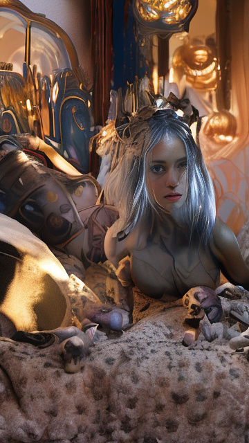 A 9-year-old girl with big boobs and white hair is lying on her bed with her legs spread wide in sci-fi style