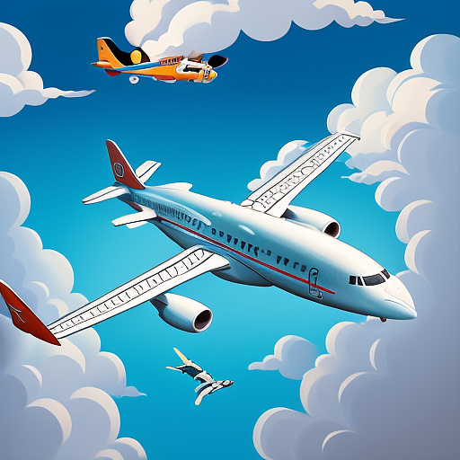 Funny plane is flying. the side door of the plane is open. people are falling out of the plane. in disney painted style