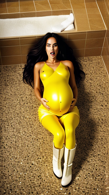 Pregnant, megan fox, topless nude, yellow boots, bathroom, lay on the ground, screaming in pain  in custom style
