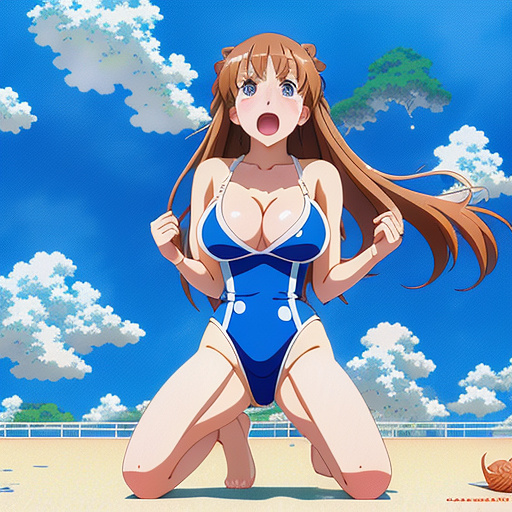 14 year old girl
swimsuit
big boobs
kneeling
yelling 
crying in anime style