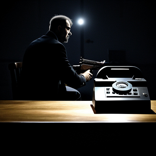 In a dark room, there is a telephone and a gun on the table. a man is sitting on a chair, and he is dead. in custom style