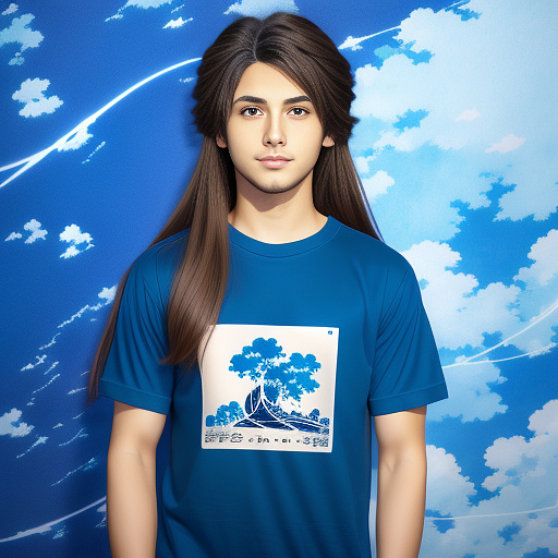 Long-haired boy in blue t-shirt in anime style