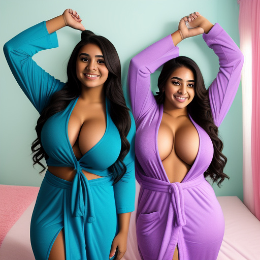 2 latina college students with big boobs and their arms up and in loose long sleeve robes and showing their bellies and in the bedroom and full body picture in custom style
