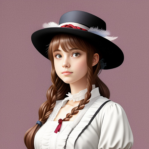 A girl with a victorian style and a hat with feathers on it in anime style