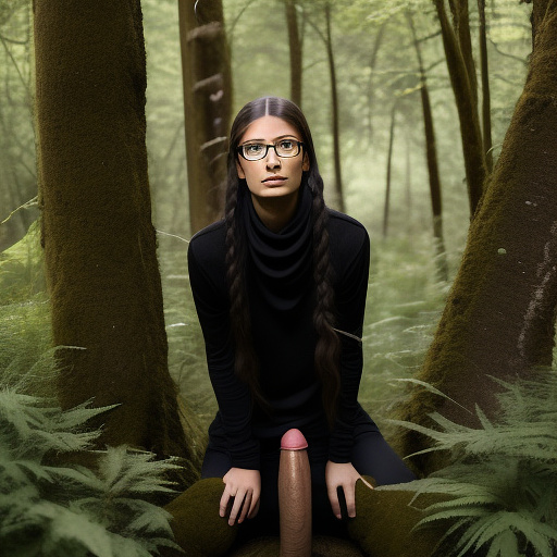 Ultra realistically a 22 year old german girl with a black braid with glasses and brown eyes 1.70 tall thin in the forest is entered by a 40 -year -old man with his penis into her vagina in custom style