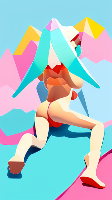 A 12-year-old girl lies naked on a bed and masturbates. in low poly style