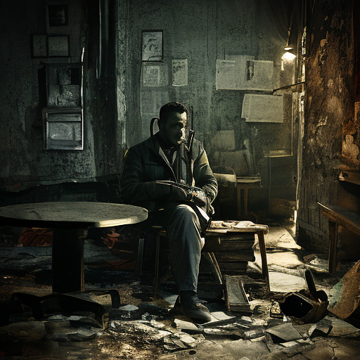 In a dark room, there is a telephone and a gun on the table. a man is sitting on a chair, and he is dead. in custom style