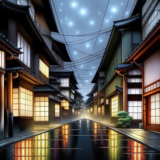 A foggy street with the lights on over there.
size 16:9
cartooni in anime style