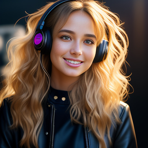 Ultra-realistic close-up portrait of a young female music artist, golden wavy hair in motion, bright energetic smile, wearing black stage headphones and a black leather jacket. warm rim light highlighting golden hair, soft key light on the face, vibrant purple-blue gradient background with subtle neon pink and teal accents, sharp focus on eyes, shallow depth of field, natural but polished makeup, high detail skin texture, cinematic color grading, flawless composition for instagram profile, 1:1 aspect ratio. and sing with songs
 in anime style