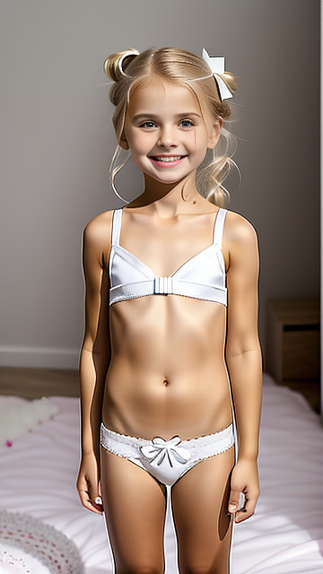 White, blonde, very cute, flat chest, girl 6 years old, skimpy bra , skimpy underwear , smiling, bedroom, standing next to uncle, both people shown in picture, girl on her knees, in custom style