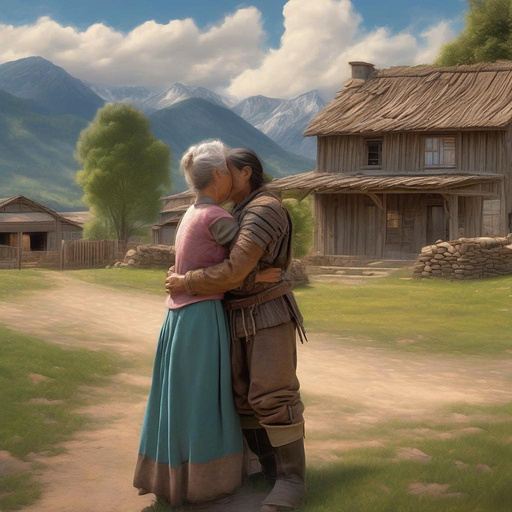 A woman says goodbye to village warrior, in front of their farmhouse, mountains in the background, wispy clouds,
 in realistic style