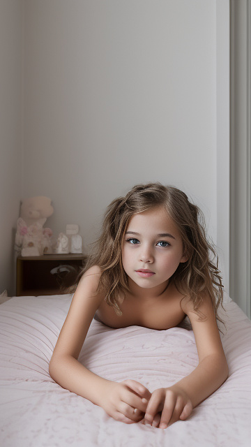 A 7-year-old girl lies naked on a bed and masturbates. in custom style