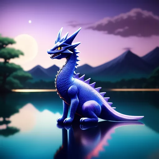 A cute little blue baby dragon with purple shades, on a lake and in the sky there is the moon, in yu-gi-oh style. in anime style