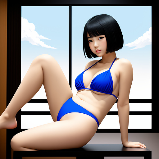 Japaneese women with dark short hair and black eyes. she is wearing blue bikini and sitting on the chair . her hands on the her knees. her legs are open to two sides. in anime style