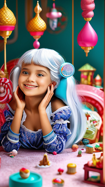 A skinny 9-year-old girl with big boobs and white hair is lying on her bed with her legs spread wide in kids painted style